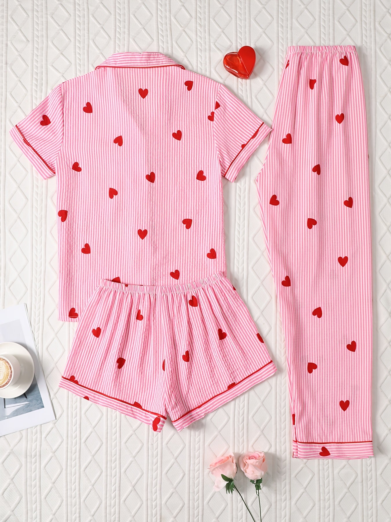 Candy Stripe Hearts Nightwear Set (3-Piece Combo)