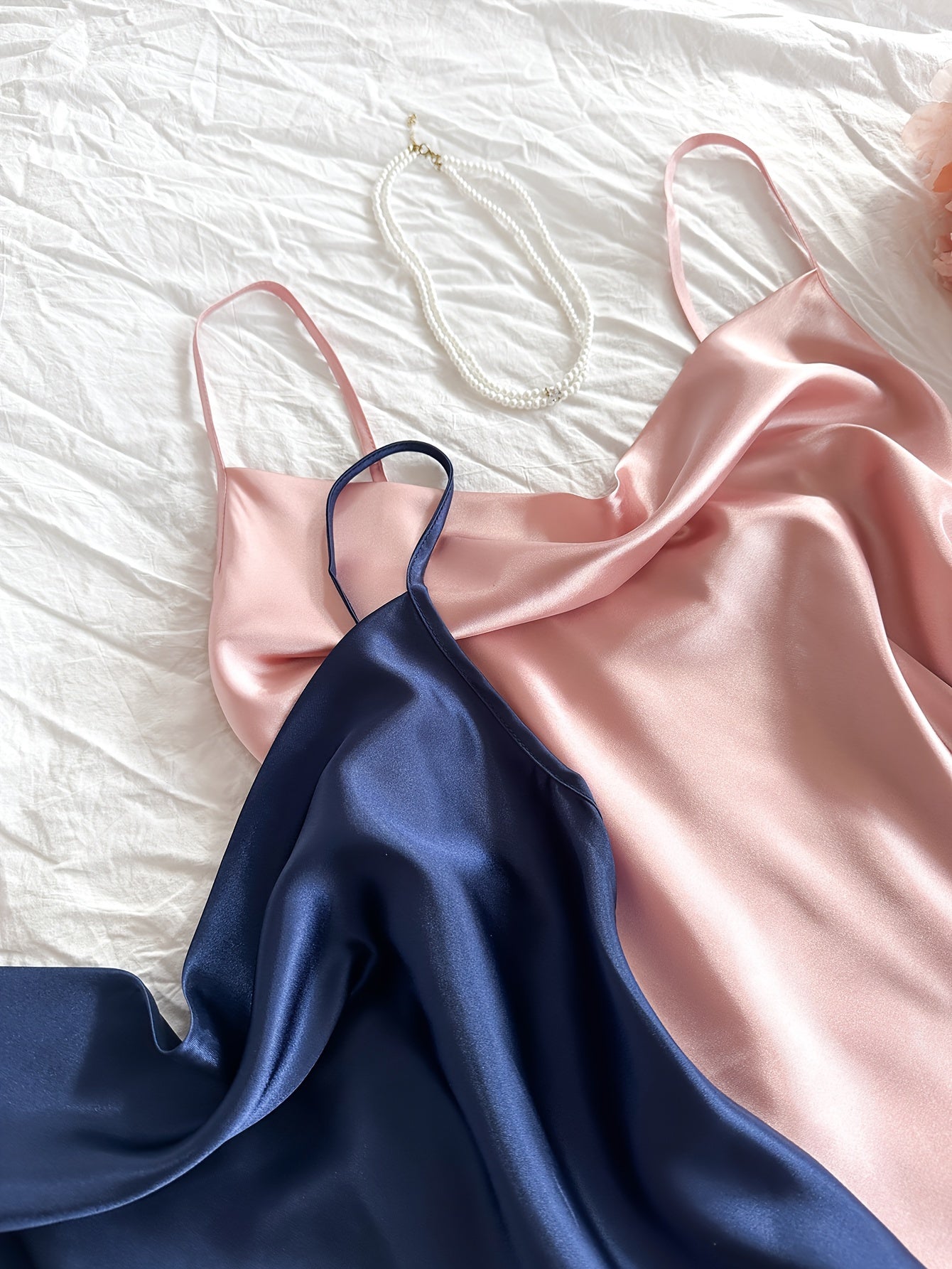 Women's Satin Camisole Nightwear Set – Pack of 2 (Navy Blue & Baby Pink)