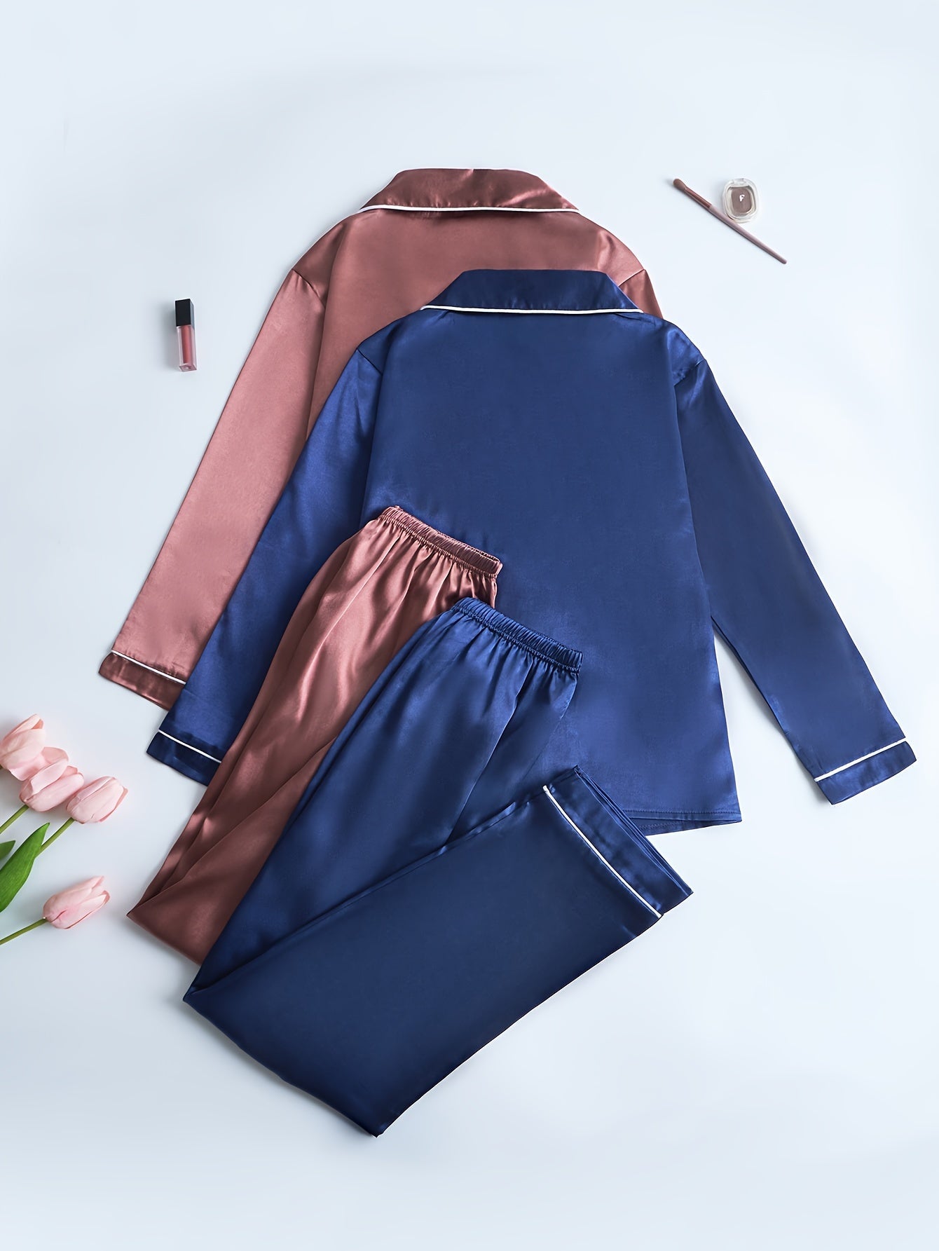 Women’s Premium Satin Night Suit Set – Pack of 2 (Royal Blue & Rose Brown)