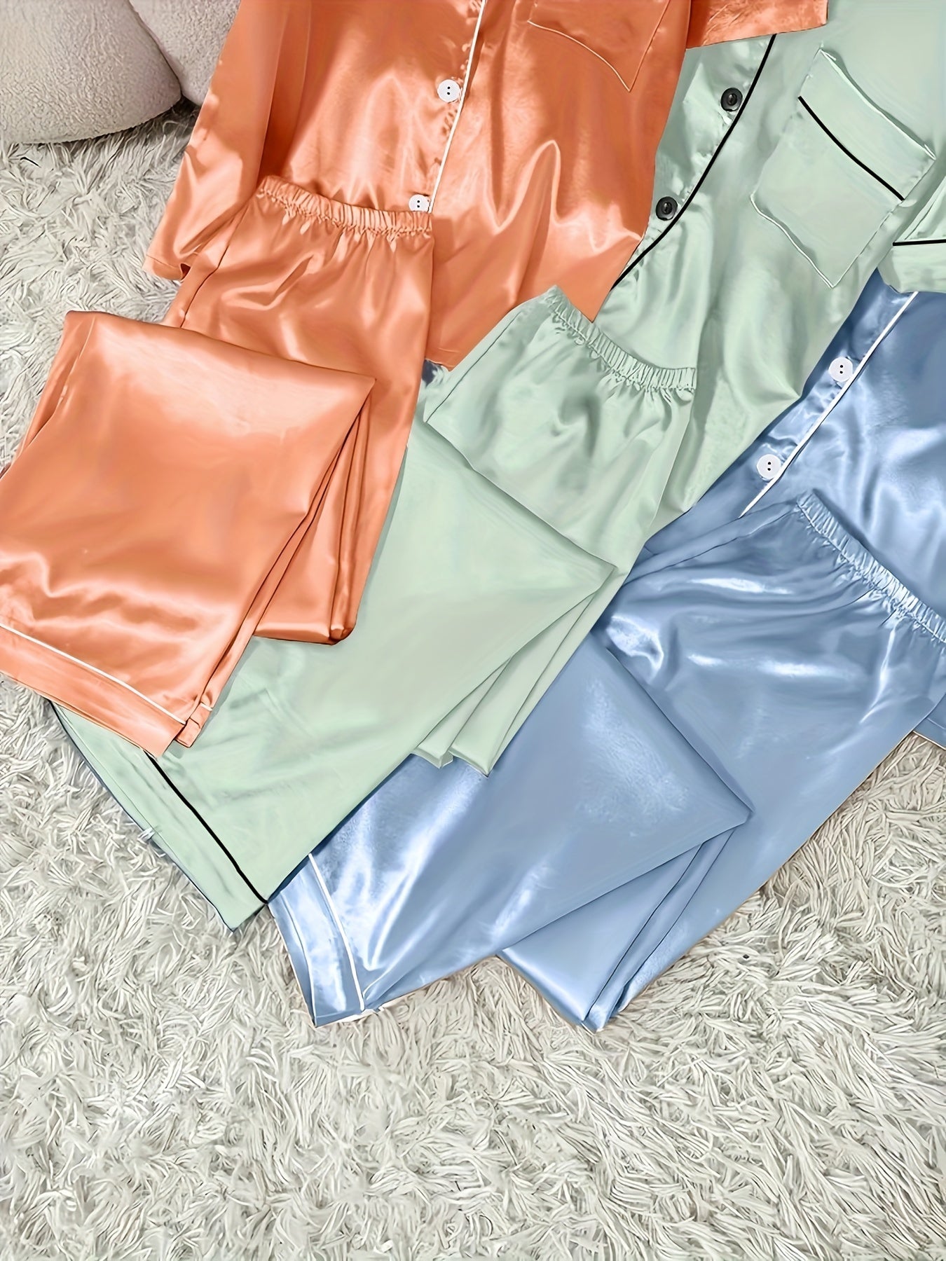 Women’s Satin Short Sleeve Night Suit Set – Pack of 3 (Peach, Mint Green & Sky Blue)