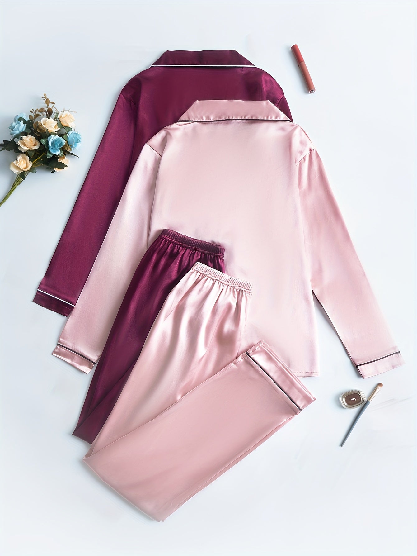 Women’s Premium Satin Night Suit Set – Pack of 2 (Blush Pink & Wine)