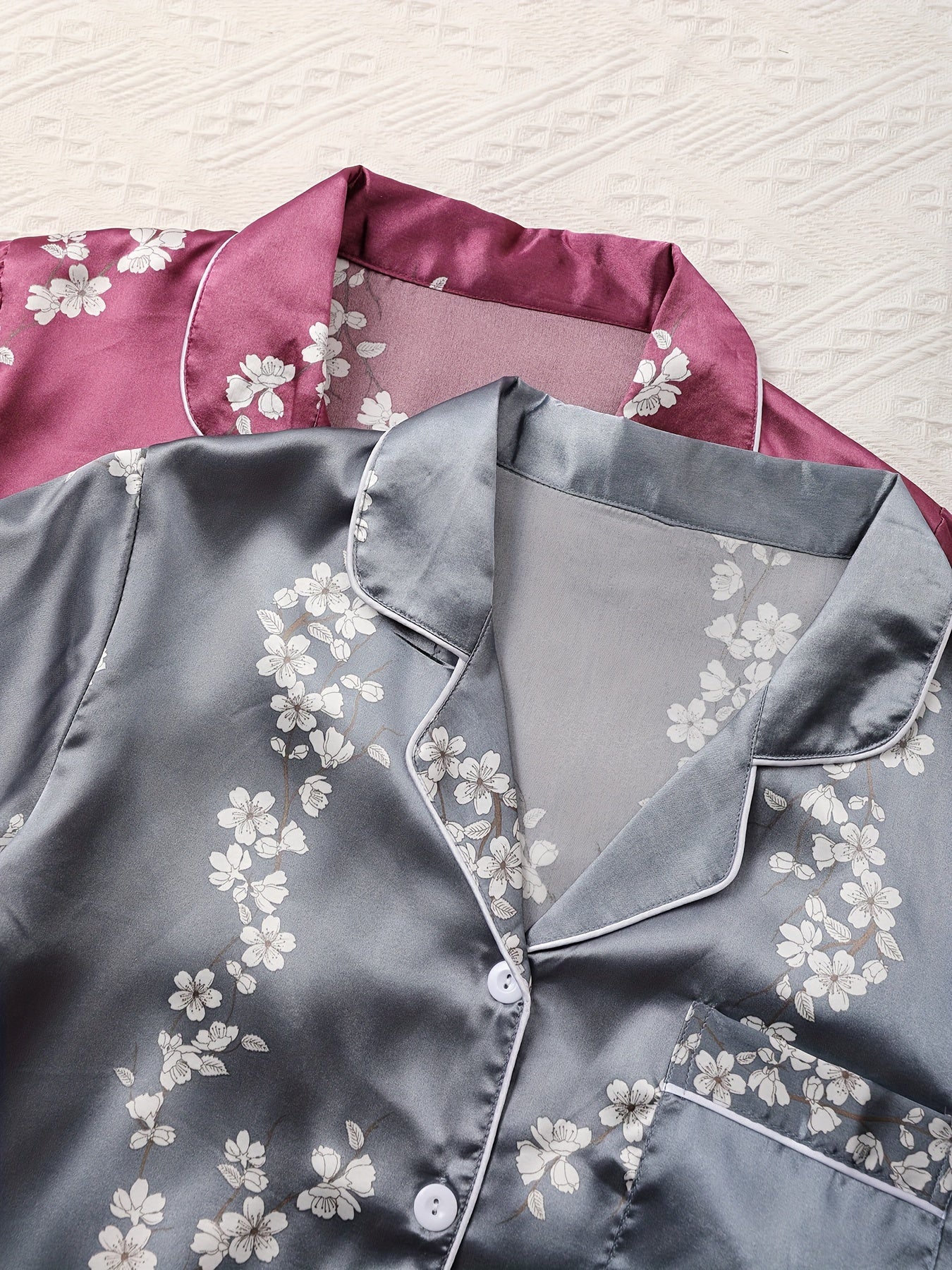 Women’s Satin Floral Night Suit Set – Pack of 2 (Wine & Steel Grey) | Short Sleeve Pajama Combo