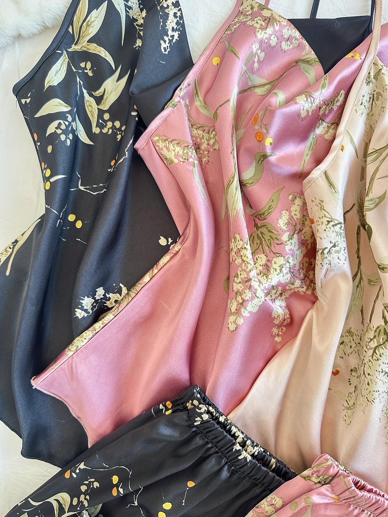 Women’s Floral Satin Camisole Nightwear Set – Pack of 3 (Black, Pink & Beige)