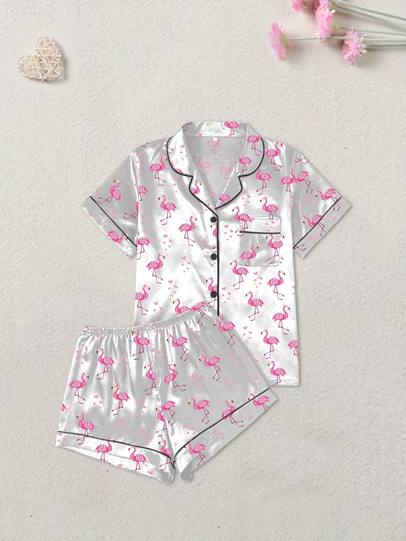 Women's Satin Flamingo Print Nightwear Set – Pack of 3 (Pink, Black & Silver)