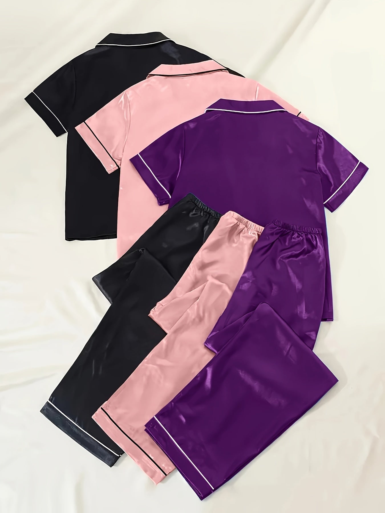 Women’s Satin Short Sleeve Night Suit Set – Pack of 3 (Black, Pink & Purple)