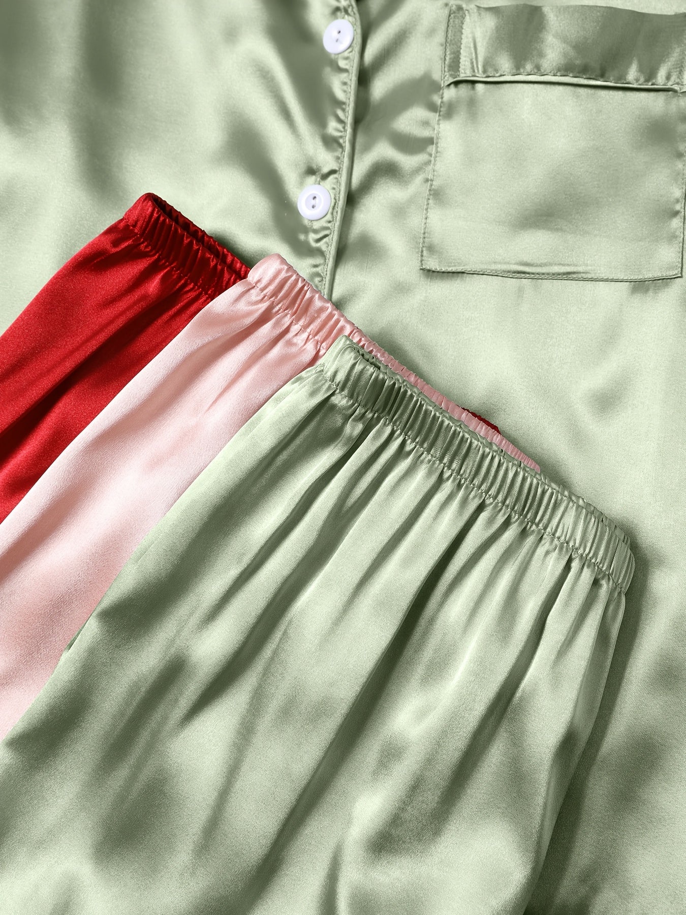 Women's Satin Night Suit Set – Pack of 3 (Red, Pink & Mint Green) | Full Sleeve Pajama Combo