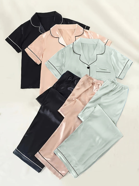 Women's Satin Night Suit Set – Pack of 3 (Black, Peach & Mint Green) | Short Sleeve Pajama Combo