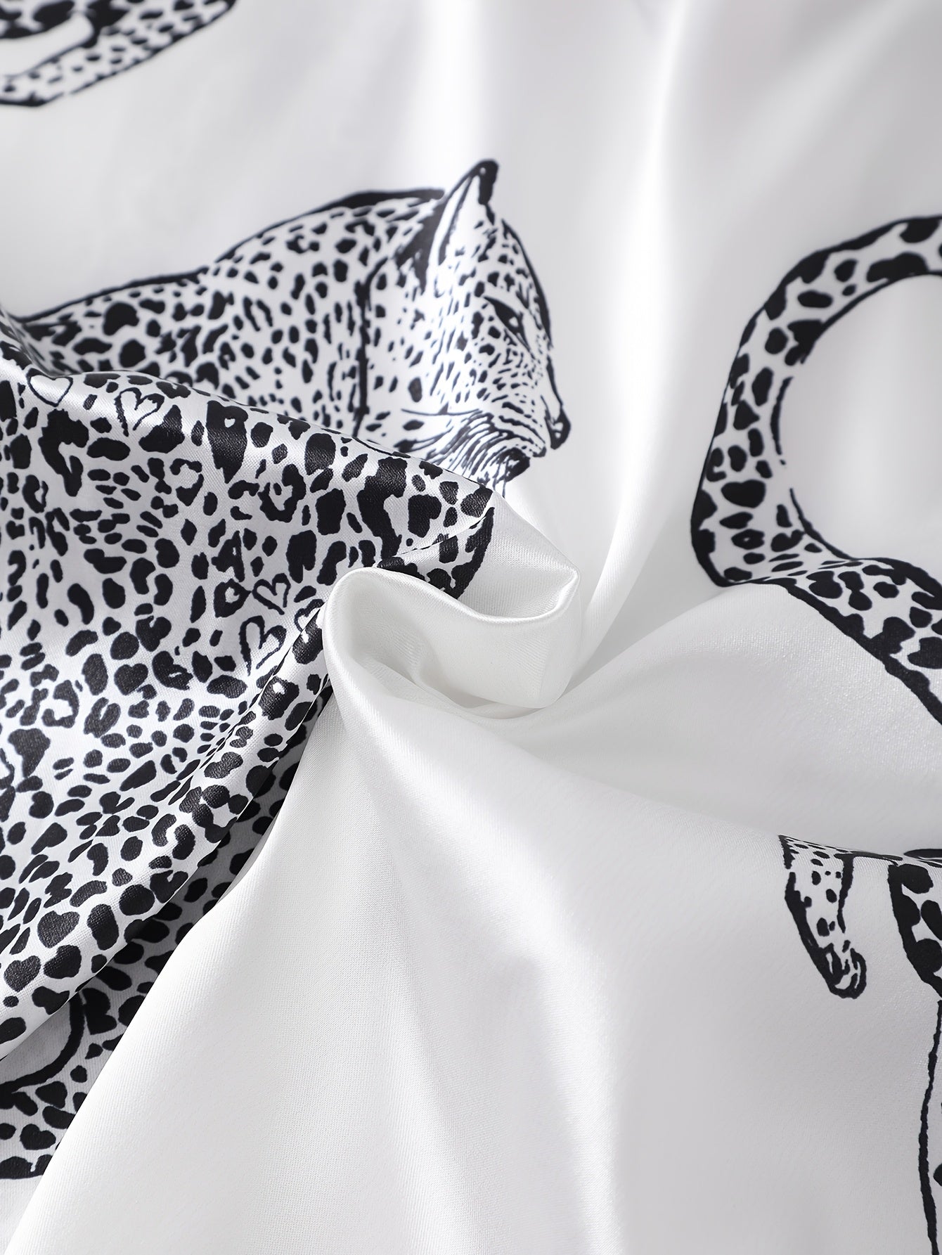 Women’s Premium Satin Night Suit Set – Pack of 2 (Black & White Leopard Print)