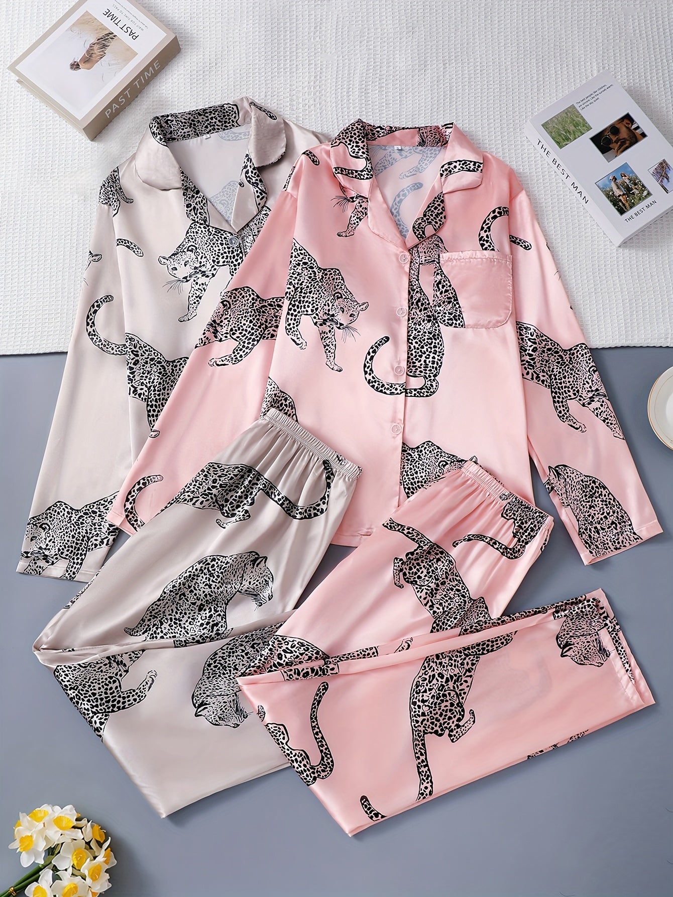 Women’s Premium Satin Night Suit Set – Pack of 2 (Blush Pink & Beige Leopard Print)