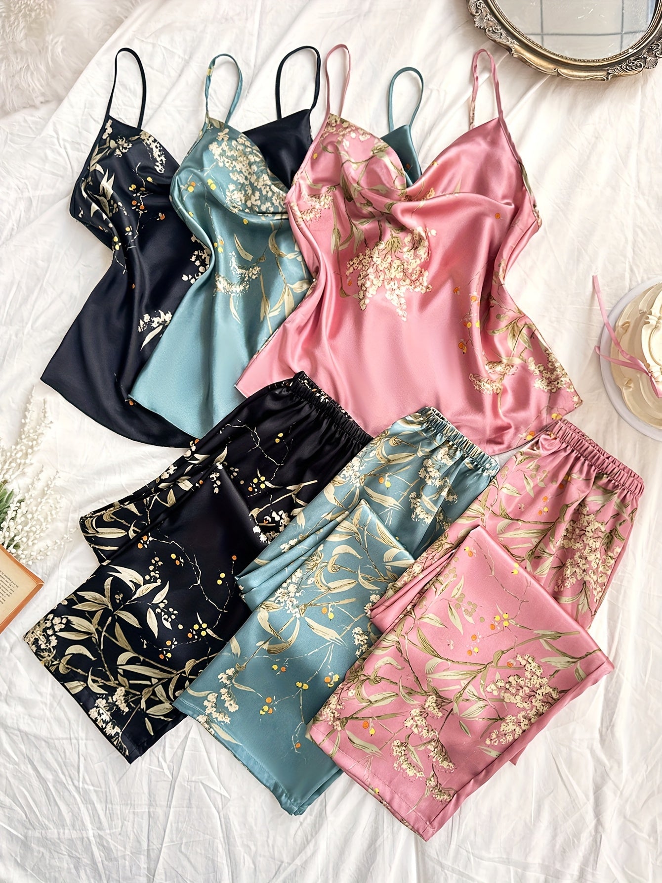 Fleur Silk Botanical Satin Co-ord Set (Combo of 3)