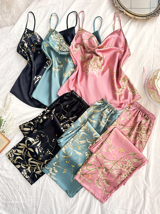 Fleur Silk Botanical Satin Co-ord Set (Combo of 3)