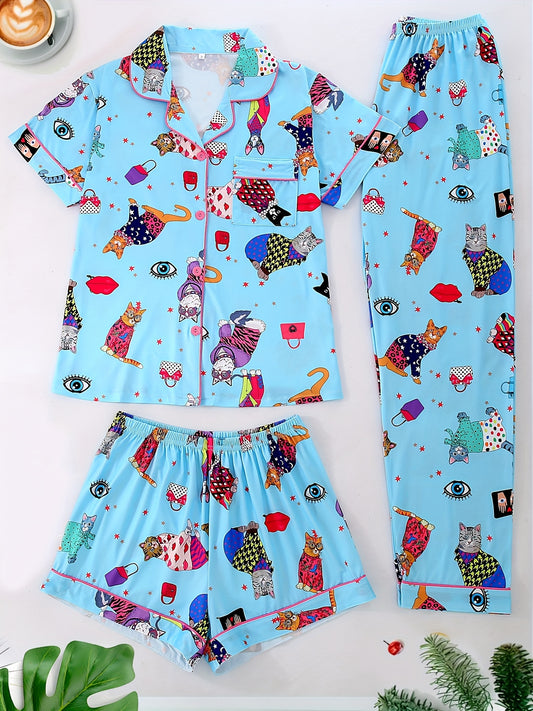 Quirky Cat Party Nightwear Set (3-Piece Combo)