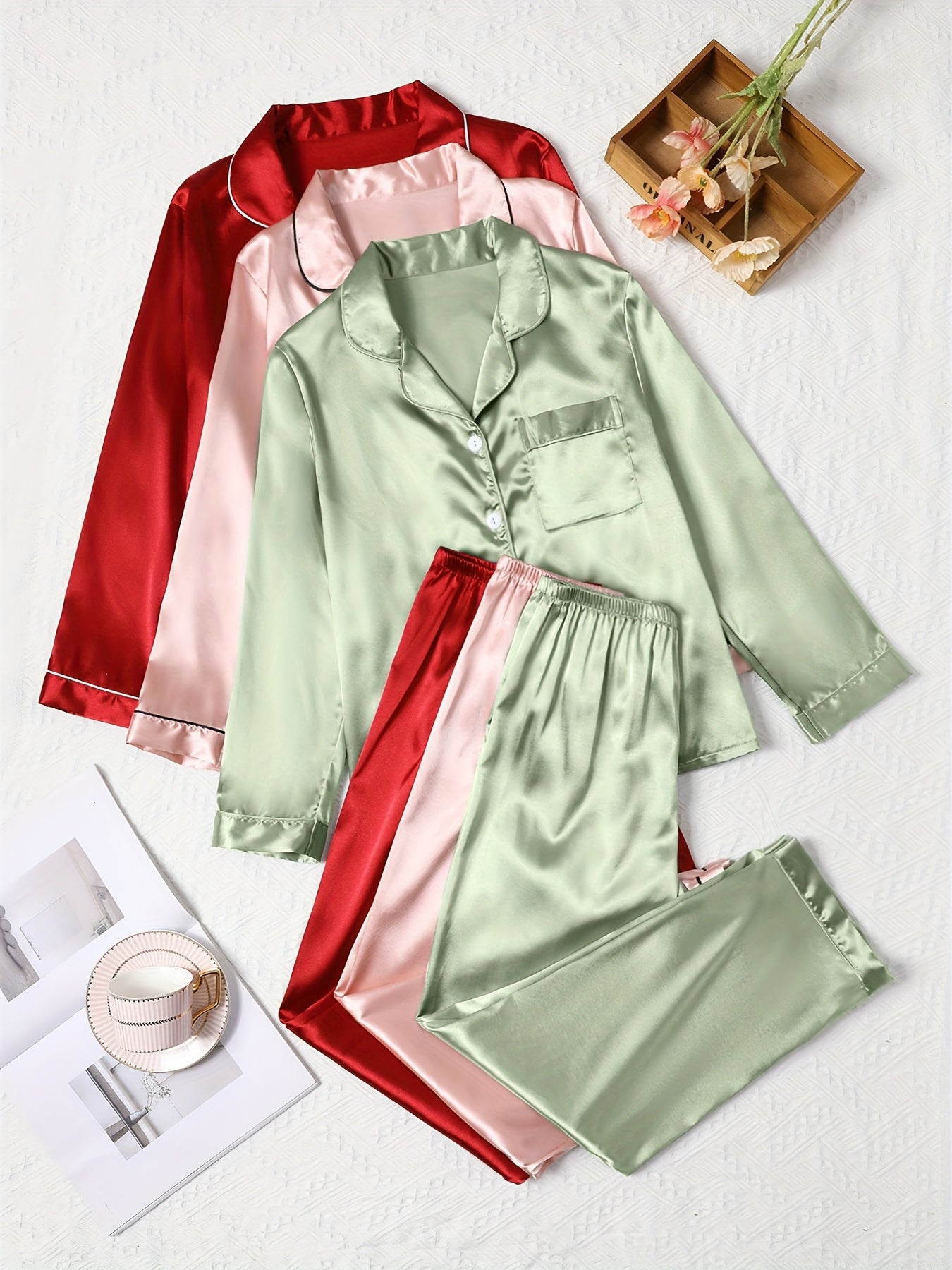 Women's Satin Night Suit Set – Pack of 3 (Red, Pink & Mint Green) | Full Sleeve Pajama Combo