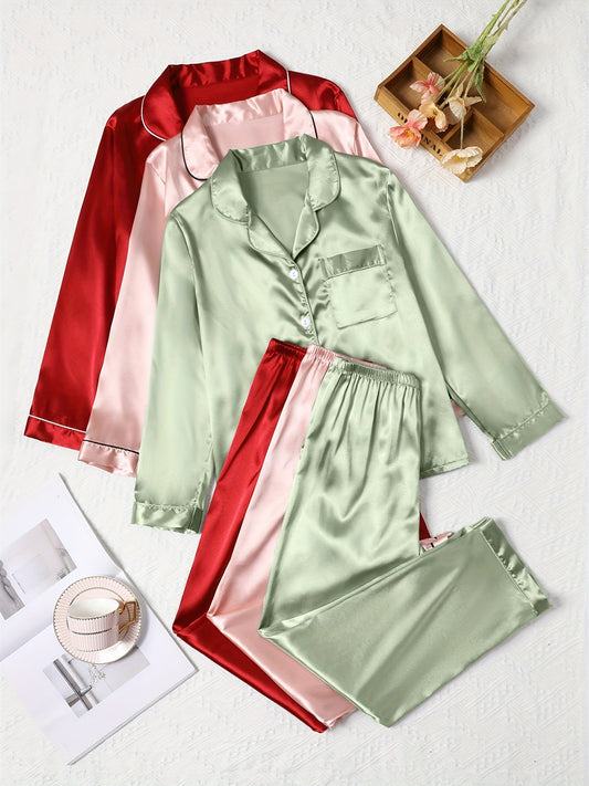 Women's Satin Night Suit Set – Pack of 3 (Red, Pink & Mint Green) | Full Sleeve Pajama Combo