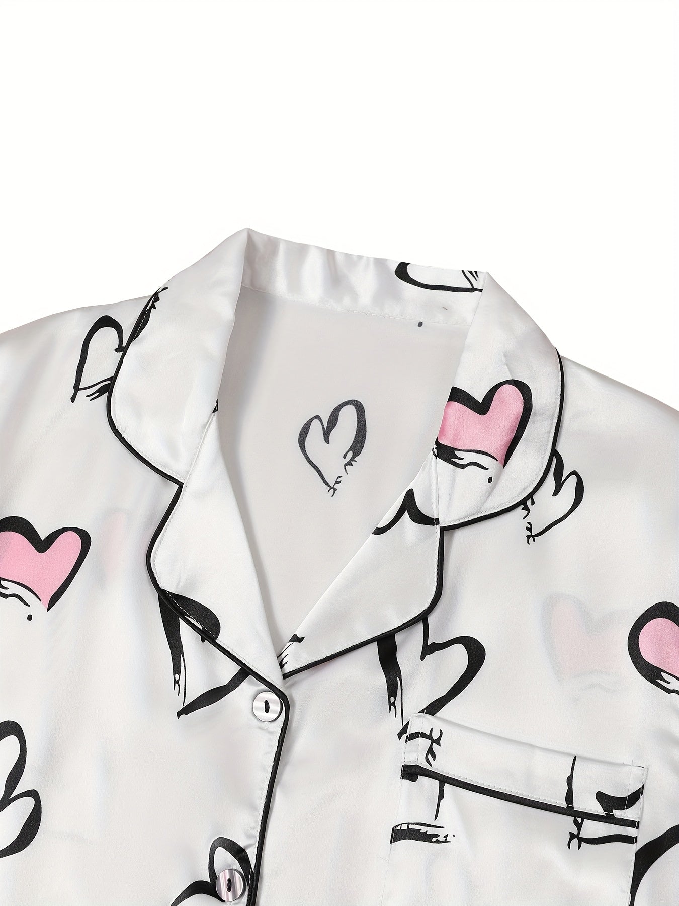 Women’s Satin Printed Heart Nightwear Set – Pack of 2 (Short Sleeve & Shorts Combo)