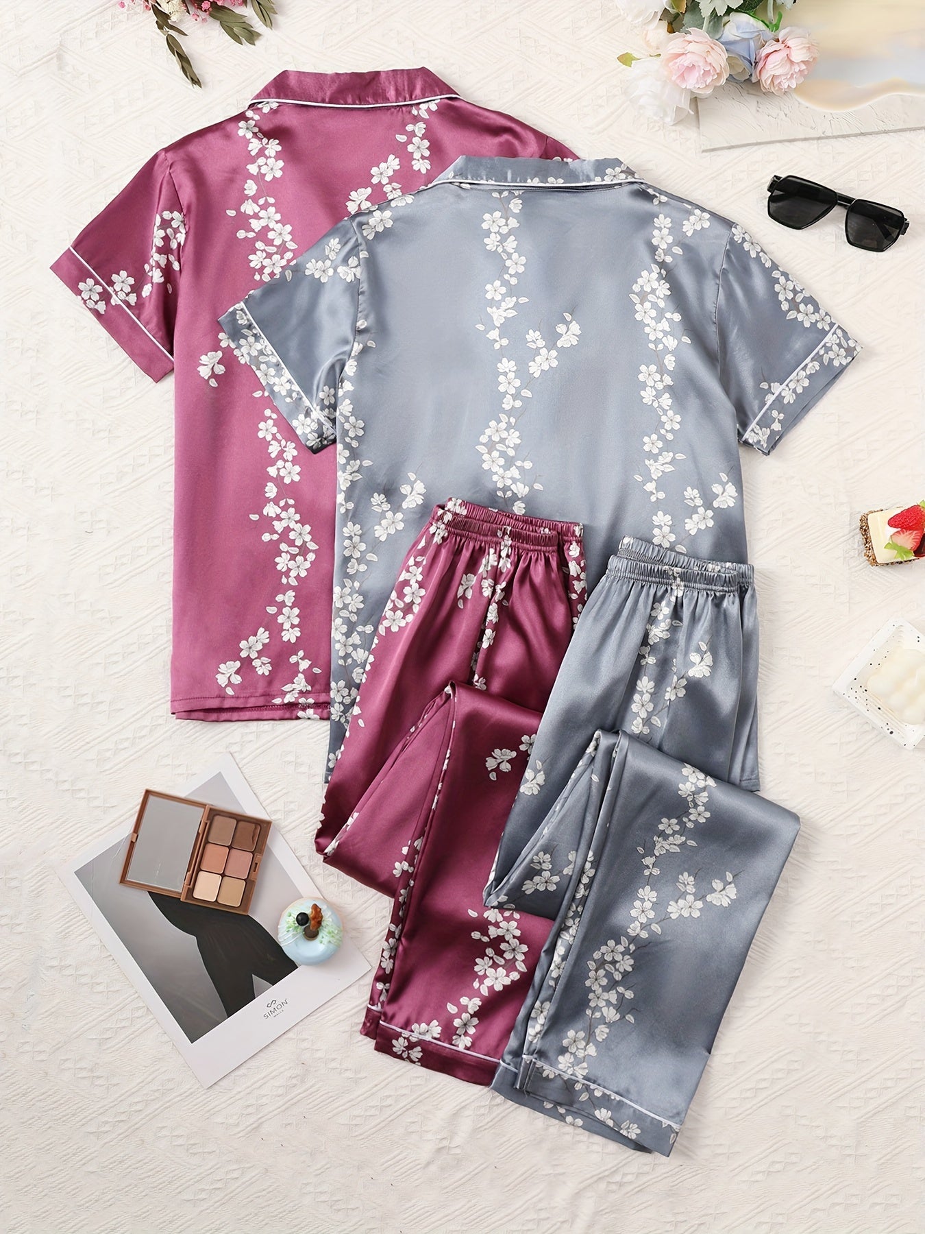 Women’s Satin Floral Night Suit Set – Pack of 2 (Wine & Steel Grey) | Short Sleeve Pajama Combo