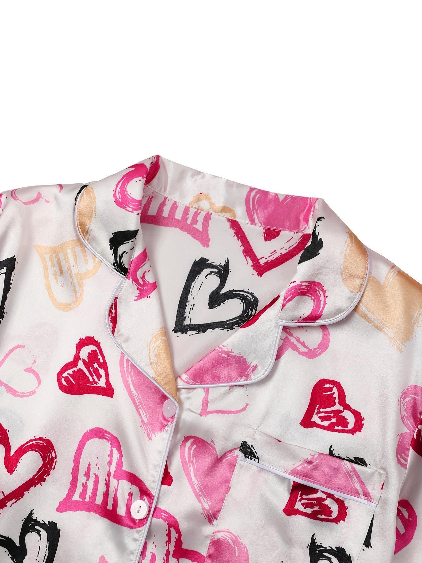 Women’s Satin Printed Heart Nightwear Set – Pack of 2 (Short Sleeve & Shorts Combo)