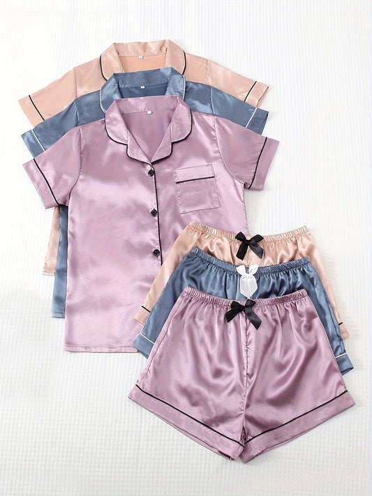 Velvet Sheen Satin PJ Set (Combo of 3)