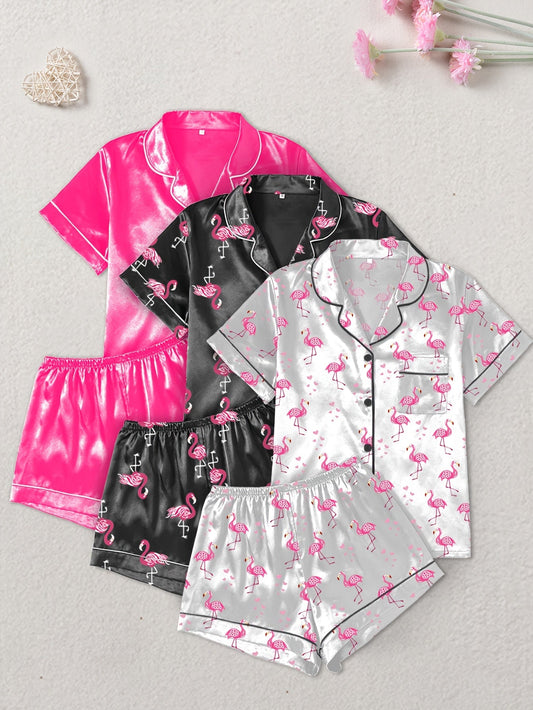 Women's Satin Flamingo Print Nightwear Set – Pack of 3 (Pink, Black & Silver)