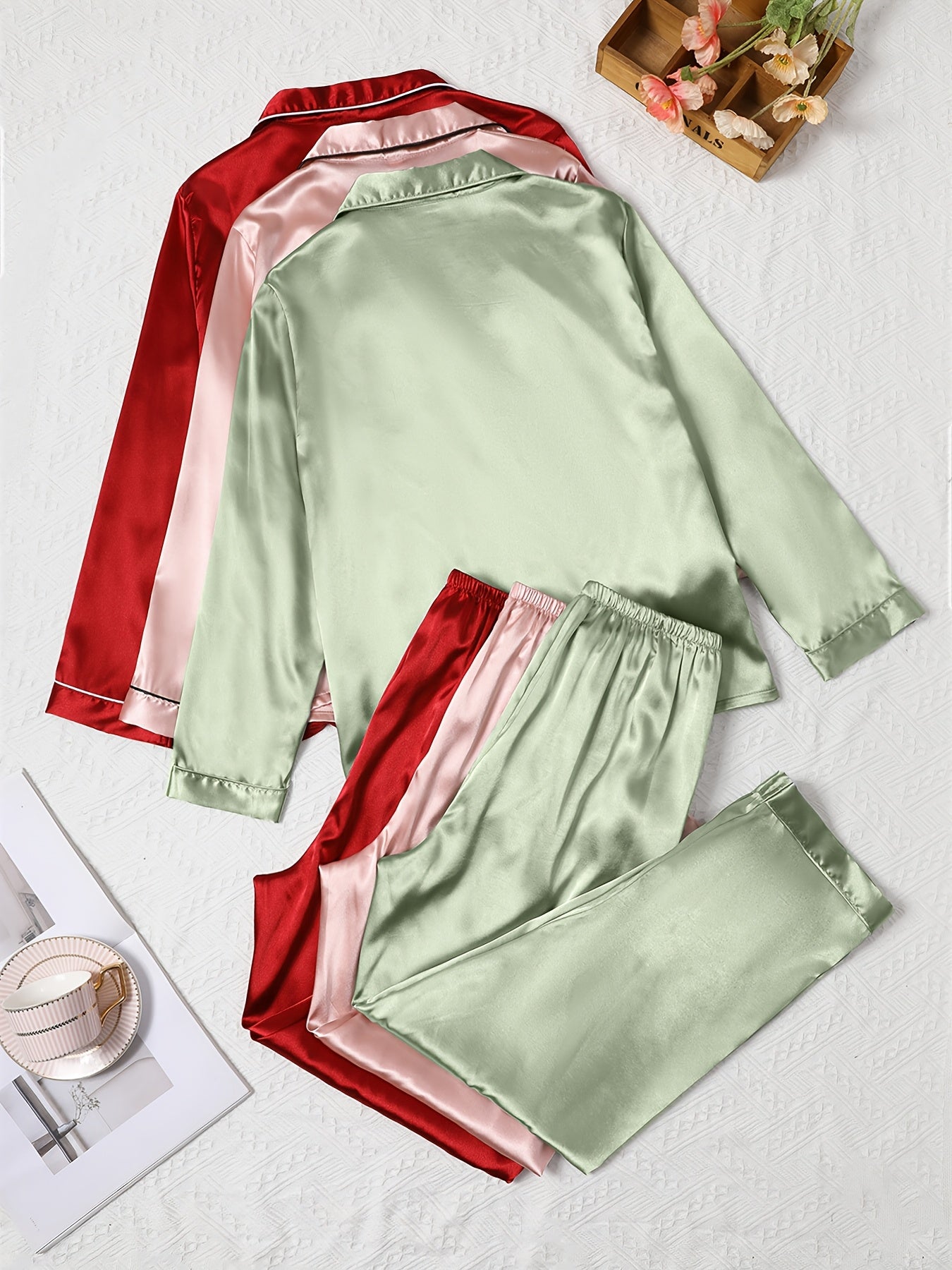 Women's Satin Night Suit Set – Pack of 3 (Red, Pink & Mint Green) | Full Sleeve Pajama Combo