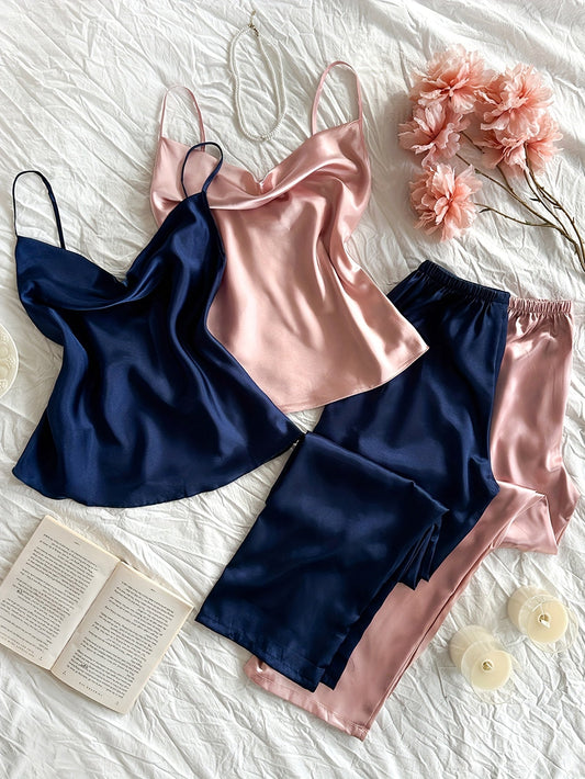 Women's Satin Camisole Nightwear Set – Pack of 2 (Navy Blue & Baby Pink)