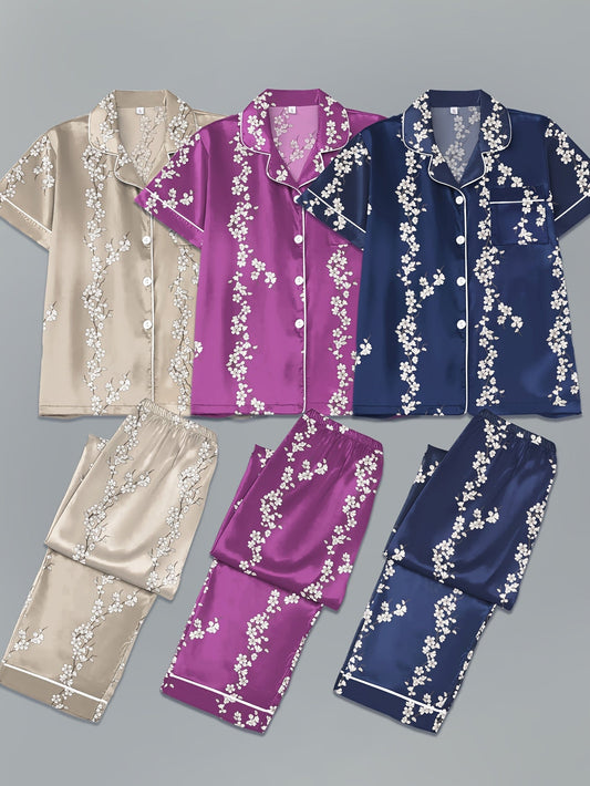 Women’s Satin Floral Print Night Suit Set – Pack of 3 (Beige, Purple & Navy Blue)
