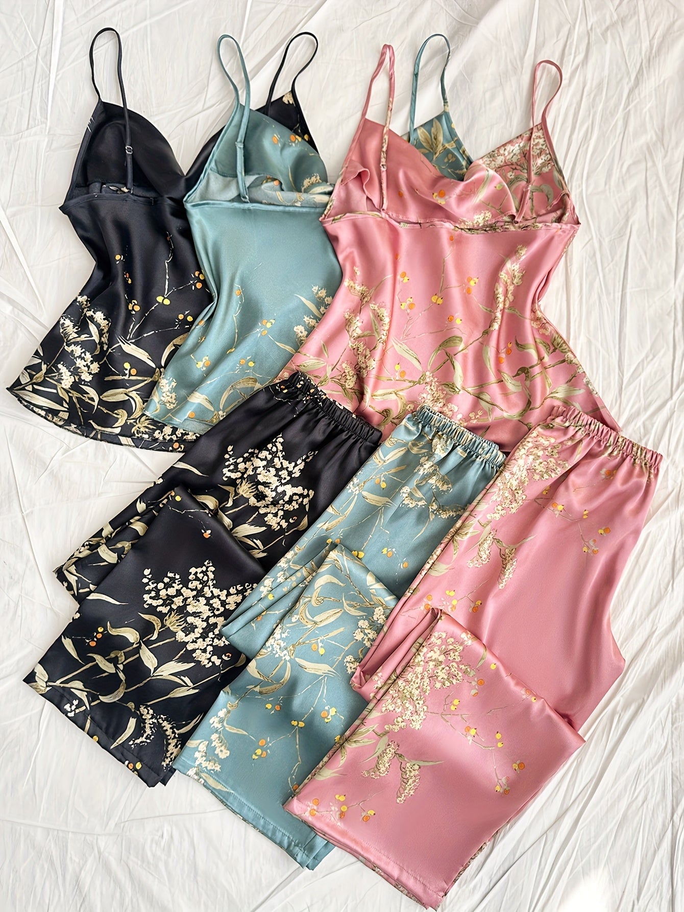 Fleur Silk Botanical Satin Co-ord Set (Combo of 3)