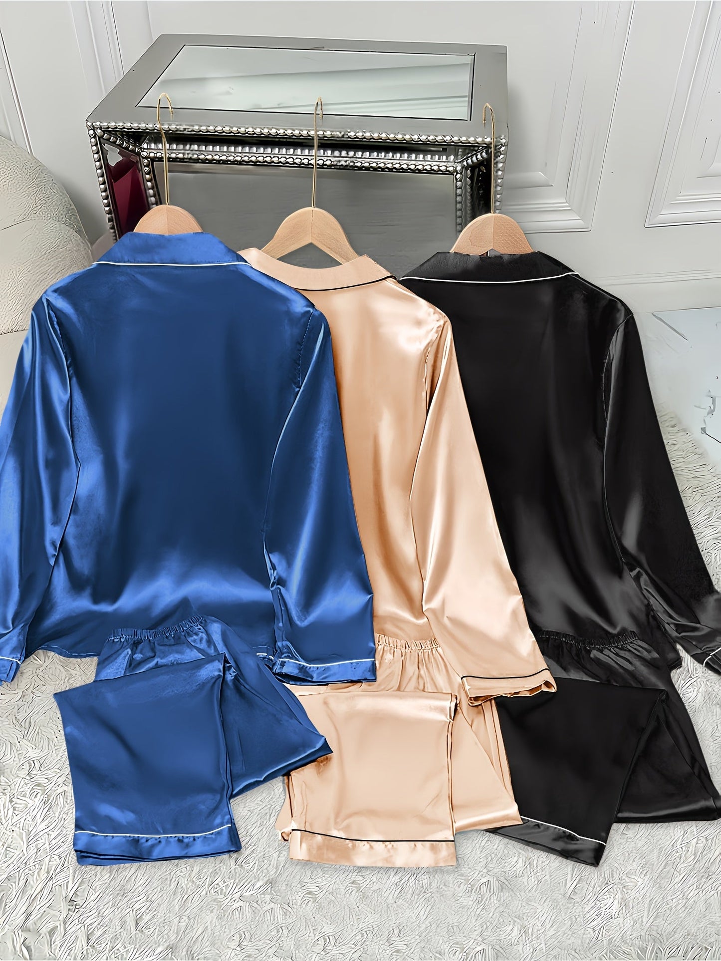 Women's Satin Night Suit Set – Pack of 3 (Royal Blue, Champagne & Black) | Full Sleeve Pajama Set